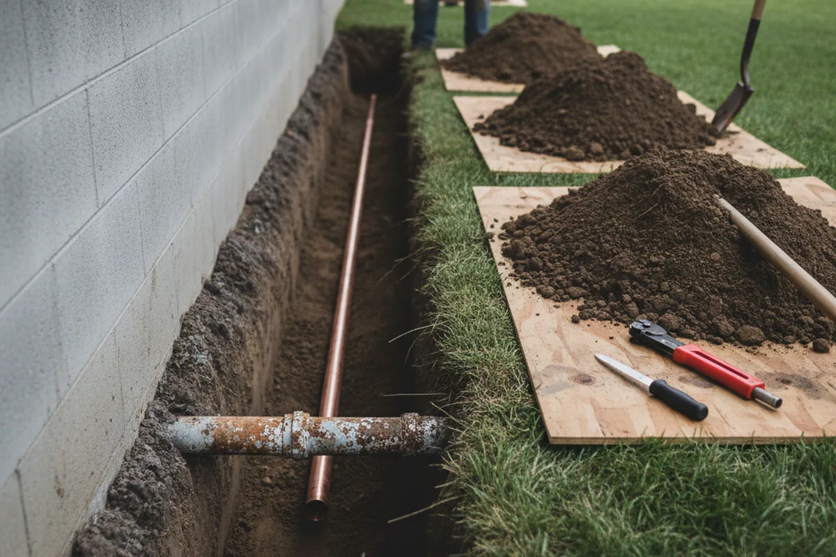 Excavated water line trench during Sewer Line Repair in New Buffalo